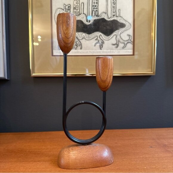 Giftcraft Vintage Teak and Iron Candle Holders 9H - Picture 3 of 10